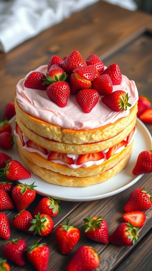 Heavenly Strawberry Angel Food Cake layered with cream and topped with strawberries on a rustic table.